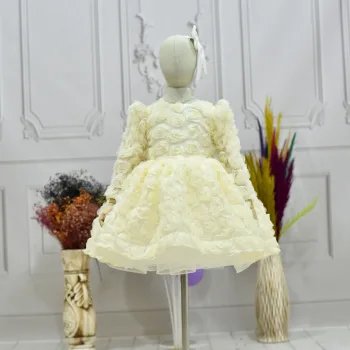 Kız Çocuk Krem Gül Desenli Kabarık Elbise