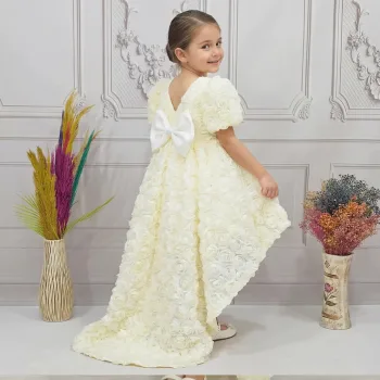 Kız Çocuk Krem Kuyruklu Gül Desenli Arkası V Kısa Balon Kol Elbise Abiye Elbise Gelinlik