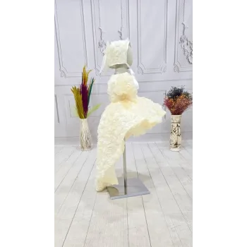 Kız Çocuk Krem Kuyruklu Gül Desenli Kapalı Yaaka Kısa Kol Elbise Abiye Elbise Gelinlik