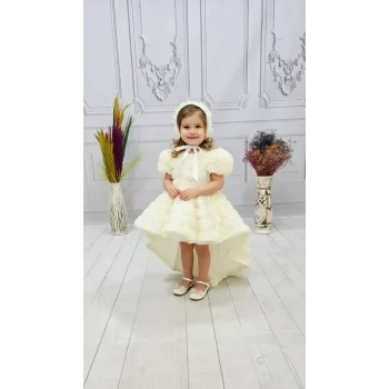 Kız Çocuk Krem Kuyruklu Gül Desenli Kapalı Yaaka Kısa Kol Elbise Abiye Elbise Gelinlik