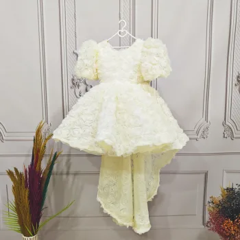 Kız Çocuk Krem Kuyruklu Gül Desenli Arkası V Kısa Balon Kol Elbise Abiye Elbise Gelinlik