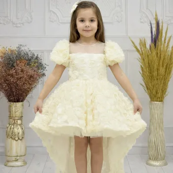 Kız Çocuk Krem Kuyruklu Şeffaf Gül Desenli Kısa Balon Kol Elbise Abiye