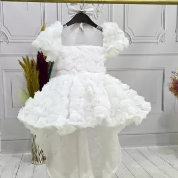 Kız Çocuk Beyaz Kuyruklu Şeffaf Gül Desenli Kısa Balon Kol Elbise Abiye
