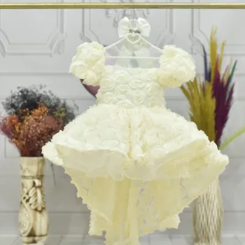 Kız Çocuk Krem Kuyruklu Şeffaf Gül Desenli Kısa Balon Kol Elbise Abiye