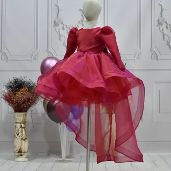 Kız Çocuk Kırmızı Organze Kuyruklu Kabarık Elbise