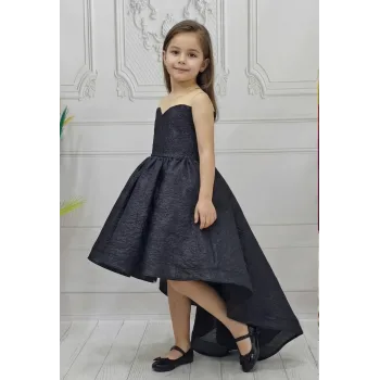 Kız Çocuk Kuyruklu Siyah Saten Parıltılı Kabarık Elbise