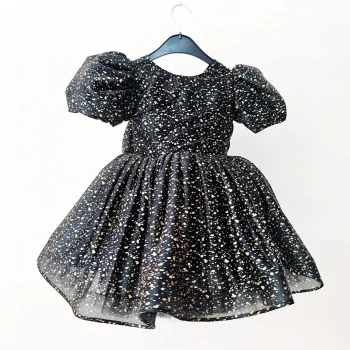 Siyah Gold Noktalı Parıltılı Kabarık Elbise