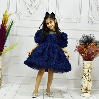 Kız Çocuk Lacivert Gül 3D Detaylı Kabarık Elbise Abiye Gelinlik