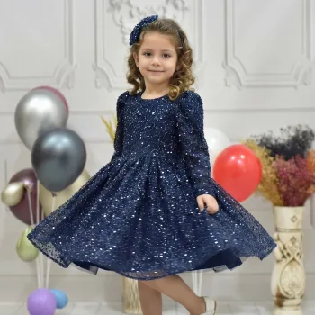 Kız Çocuk Lacivert Boncuklu Payetli Kabarık Elbise