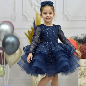Kız Çocuk Lacivert Boncuklu Payetli Kabarık Elbise
