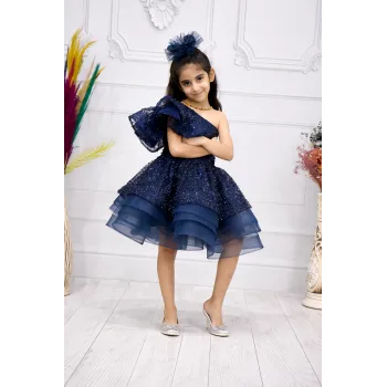 Kız Çocuk Lacivert Boncuklu Payetli Taşlı Tek Omuz Abiye Elbise