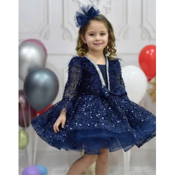 Kız Çocuk Lacivert Boncuklu Payetli Yakası Taş İşlemeli Dekolteli Kabarık Elbise