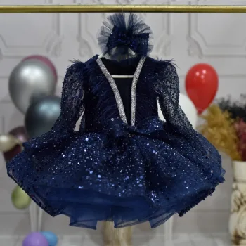 Kız Çocuk Lacivert Boncuklu Payetli Yakası Taş İşlemeli Dekolteli Kabarık Elbise