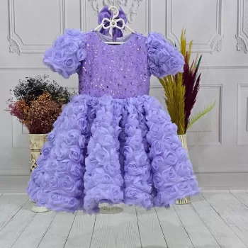 Kız Çocuk Lila Gül Desenli ve Boncuklu Kısa Balon Kol