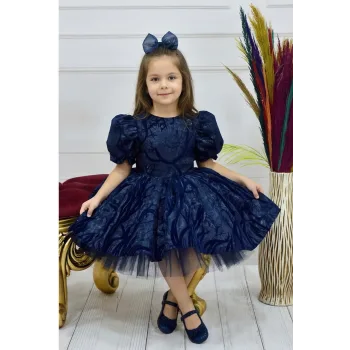 Kız Çocuk Lacivert Parıltılı Dalgalı Kloş Balon Kol Kabarık Elbise