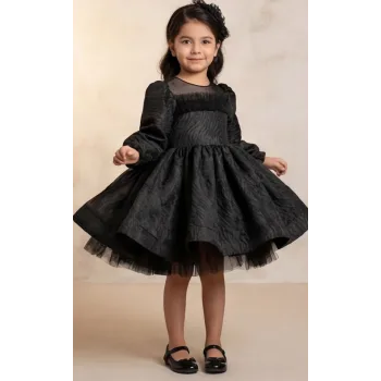 Kız Çocuk Siyah Parıltılı Üstü Tül Detaylı Kabarık Elbise Abiye Gelinlik