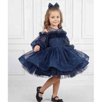 Kız Çocuk Lacivert Parıltılı Üstü Tül Detaylı Kabarık Elbise