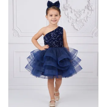 Kız Çocuk Lacivert Payetli Grenli Tek Omuz Kabarık Elbise