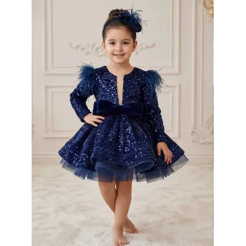 Kız Çocuk Lacivert Payetli Ön Dekolteli Kol Tüy Detaylı Uzun Kol Kabarık Elbise