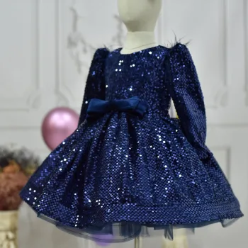 Kız Çocuk Lacivert Payetli Tüy Detaylı Uzun Kol Bisiklet Yaka Grenli Kabarık Elbise