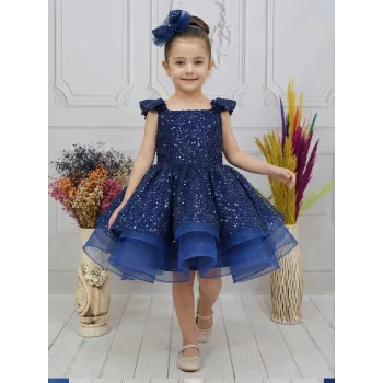 Kız Çocuk Lacivert Taşlı Boncuklu Çift Fiyonk Elbise