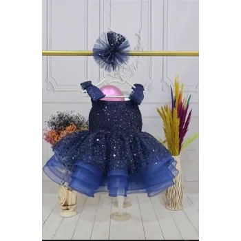 Kız Çocuk Lacivert Taşlı Boncuklu Çift Fiyonk Elbise