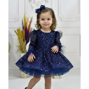 Kız Çocuk Lacivert Taşlı Boncuklu Kabarık Uzun Kol Parıltılı Elbise