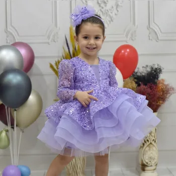 Kız Çocuk Lila Boncuklu Payetli Dekolteli Kabarık Elbise