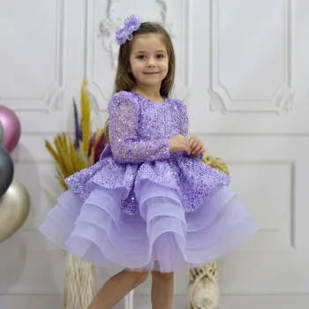 Kız Çocuk Lila Boncuklu Payetli Kabarık Elbise