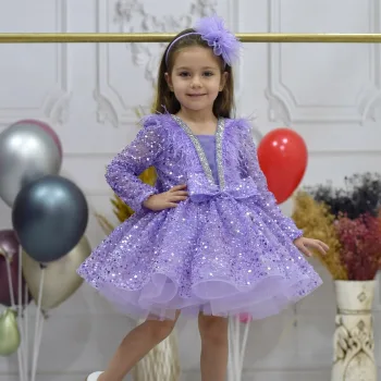 Kız Çocuk Lila Boncuklu Payetli Yakası Taş İşlemeli Dekolteli Kabarık Elbise