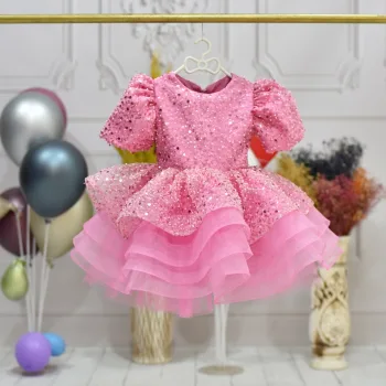 Kız Çocuk Pembe Boncuklu Payetli Kabarık Kısa Balon Kol Elbise