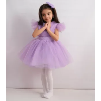 Kız Çocuk Lila Çapraz Büzgülü Kabarık Elbise