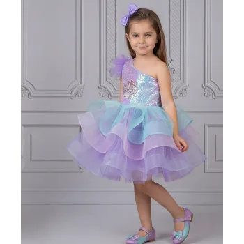 Kız Çocuk Lila Deniz Konsepti Deniz Kabuğu Figür İşlemeli Tek Omuz Kabarık Gelinlik Elbise