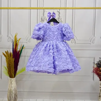 Kız Çocuk Lila Gül Desenli Kısa Balon Kol Arka V Kabarık Elbise