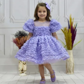 Kız Çocuk Lila Gül Desenli Kısa Balon Kol Kabarık Elbise