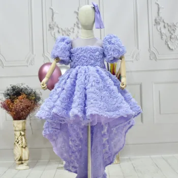 Kız Çocuk Lila Gül Desenli Kuyruklu Kısa Balon Kol Ön Şeffaf Elbise Abiye
