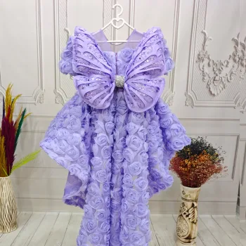 Lila Gül Desenli Kuyruklu+Kelebek set  Kısa Balon Kol Ön Şeffaf Elbise Abiye