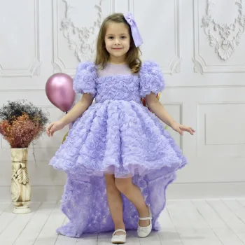 Kız Çocuk Lila Gül Desenli Kuyruklu Kısa Balon Kol Ön Şeffaf Elbise Abiye