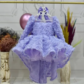 Kız Çocuk Lila Gül Desenli Kuyruklu Uzun Kol Ön Şeffaf Elbise Abiye