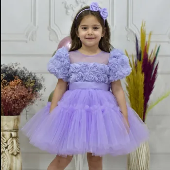 Kız Çocuk Lila Gül desenli Ön Şeffaf kısa balon kol