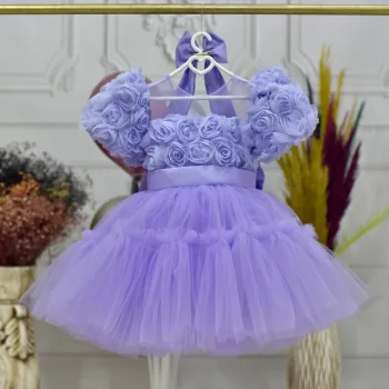 Kız Çocuk Lila Gül desenli Ön Şeffaf kısa balon kol