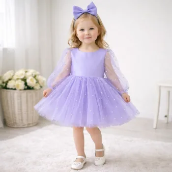 Kız Çocuk Lila incili Uzun Kol Incili Kabarık Elbise