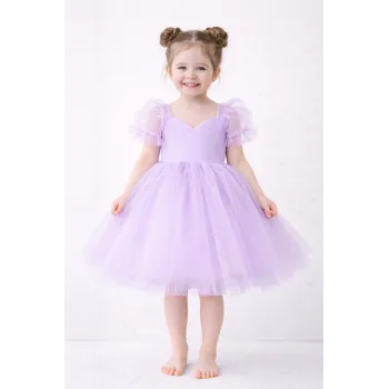 Kız Çocuk Lila Kalp Detaylı Kısa Balon Kol Kabarık Elbise