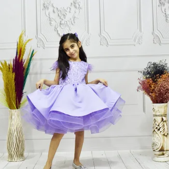 Kız Çocuk Lila Boncuklu Kabarık Elbise Abiye Gelinlik