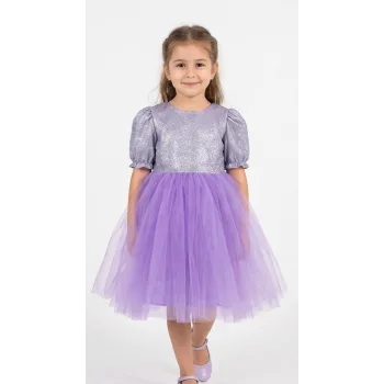 Kız Çocuk Mor lila Gül Kısa Balon Kol Kabarık Elbise