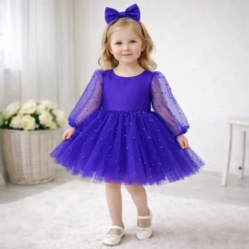 Kız Çocuk Mor incili Uzun Kol Incili Kabarık Kız Çocuk Elbise