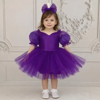 Kız Çocuk Mor Kalp Detaylı Kısa Balon Kol Kabarık Elbise