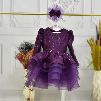 Kız Çocuk Mürdüm Payetli Uzun Kol Elbise Gren Etekli