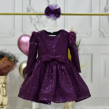 Kız Çocuk Mürdüm Payetli Omuz Tül Detaylı Kabarık Elbise