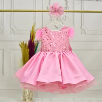Kız Çocuk Pembe Boncuklu Kabarık Elbise Abiye Gelinlik